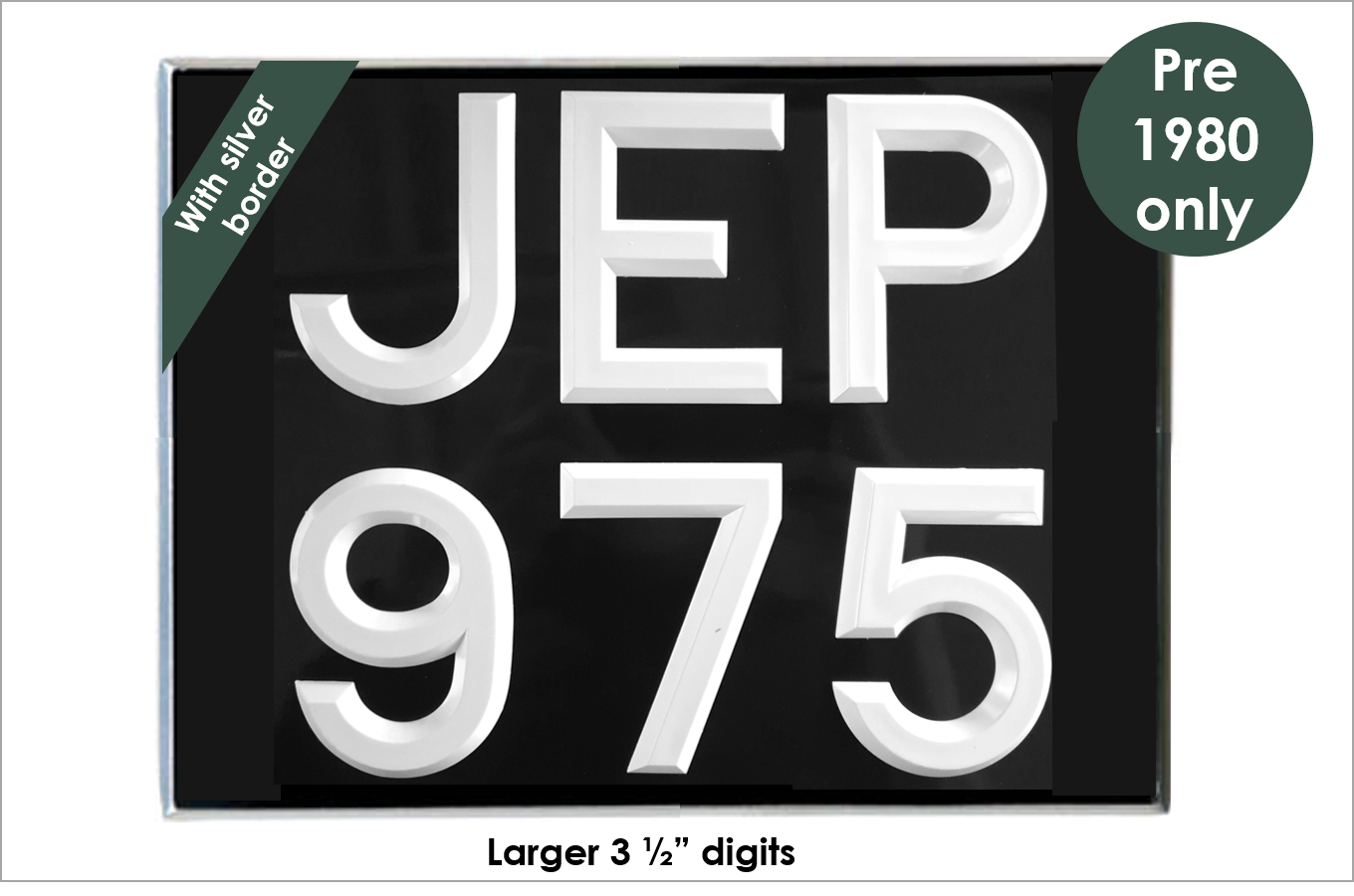 Square 11 3/4 x 8 3/4" with 3 1/2" white peak digits and silver bevel
